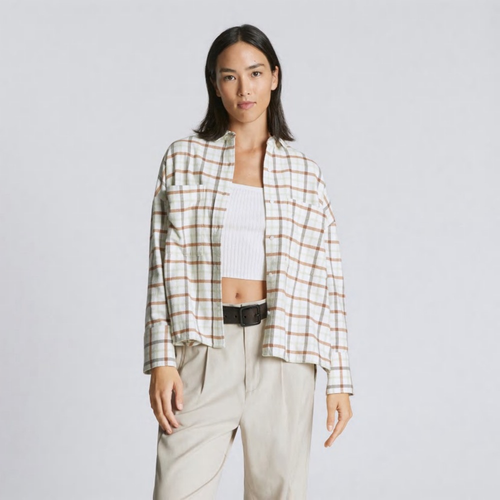 Everlane flannel long sleeve button up shirt in seafoam/brown plaid, size large